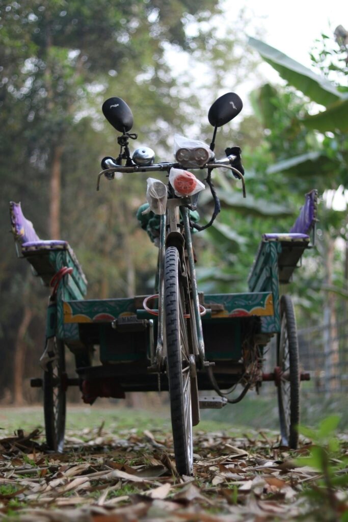 Front view of a traditional bicycle rickshaw in a rural lush setting with greenery.